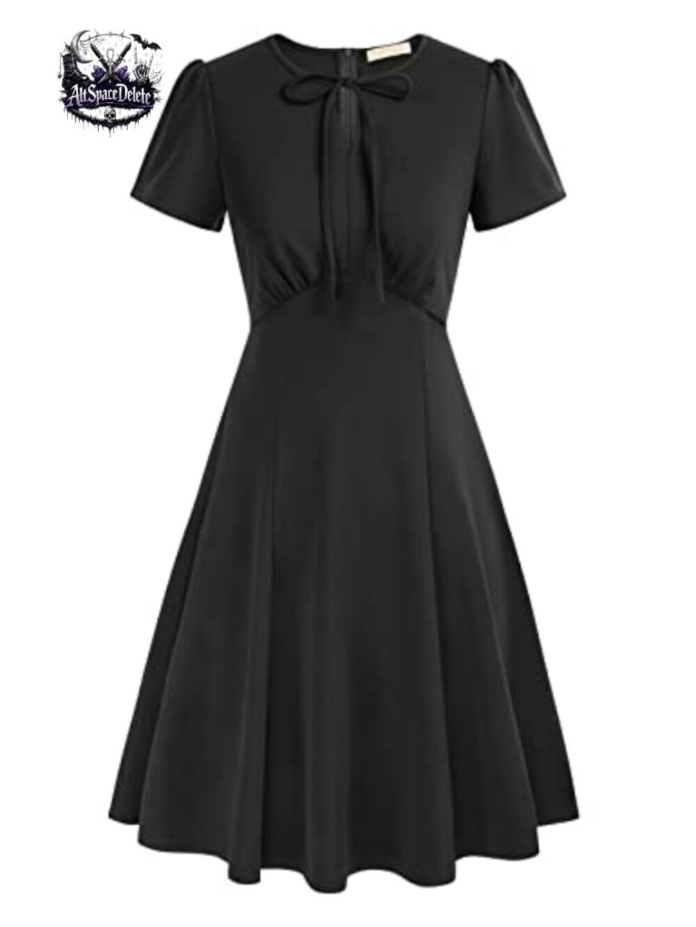 Retro A-Line Midi Swing Dress Keyhole Tie Short Sleeve Semi Formal